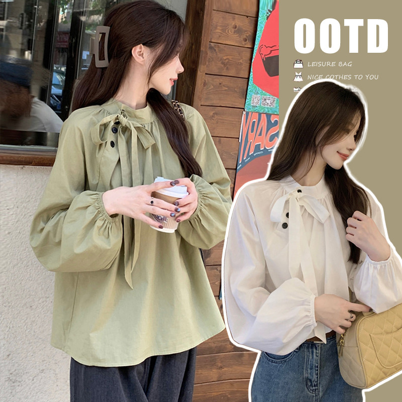 เสื้อเชิ้ตแขนยาวคอตั้ง กระดุมตั้งสไตล์ฝรั่งเศส ดีไซน์ผูก เหมาะสำหรับสวมใส่ในฤดูใบไม้ผลิและฤดูใบไม้ร่วง#99237