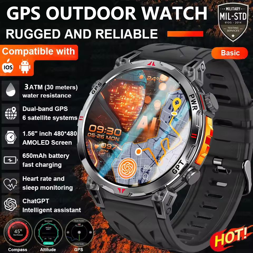 2026New ทหาร GPS กีฬา Smartwatch ผู้ชาย 650mAh หน้าจอ AMOLED เข็มทิศเครื่องวัดระยะสูง 3ATM กันน้ํา H