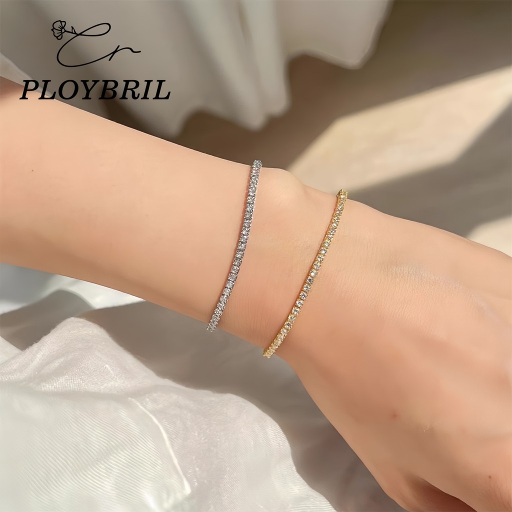 PLOYBRIL ญี่ปุ่นสไตล์เกาหลีประณีตเงา3มิลลิเมตรเพทายฝังสร้อยข้อมือเหล็กไทเทเนียมสร้อยข้อมือรักษาสี S018