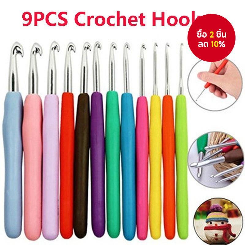 พลาสติกอ่อนที่มีสีสันจับอลูมินาโครเชต์ตะขอเข็มถักชุด2-6มิลลิเมตรโครเชต์สําหรับสานเข็มเย็บผ้าเครื่องมือ-9ชิ้น