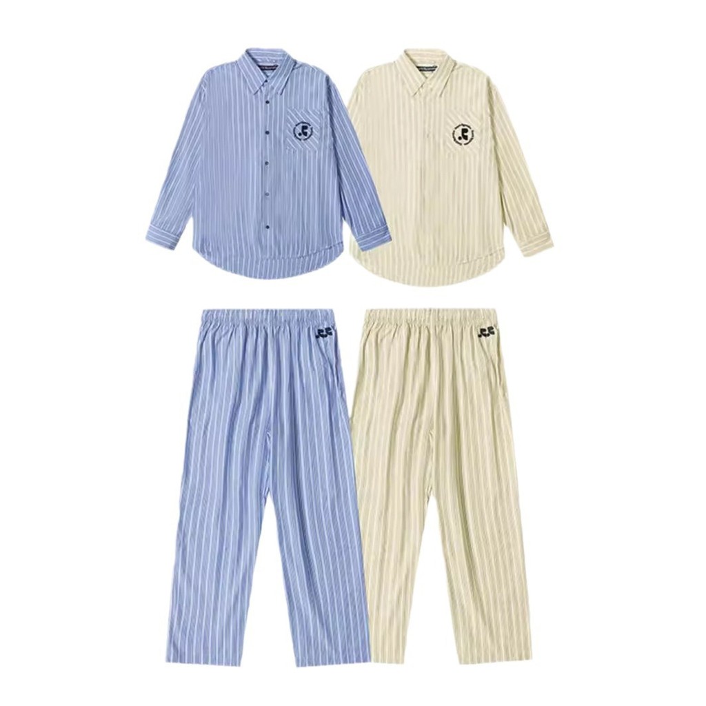 🚗พร้อมส่ง👚Rest&Recreation RR หลวมและสบาย ๆ RR กางเกงขายาวลายทาง+เสื้อปัก ชุด