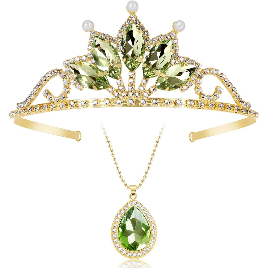 Princess Tiana Tiaras and Necklace for Women Green Princess Tiana Crown Birthday Halloween Party Pri