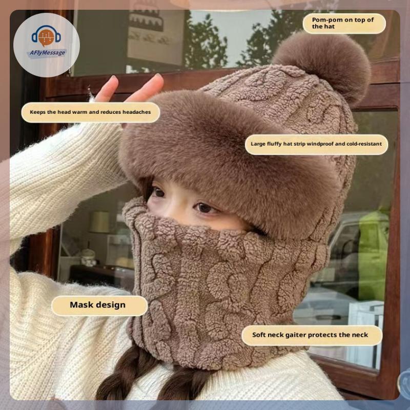 AFl ฤดูหนาว Beanies Bonnet หูคอป้องกันสําหรับผู้หญิงขนแกะซับอบอุ่นถักหมวกผ้าพันคอหน้ากาก Plush Pompo