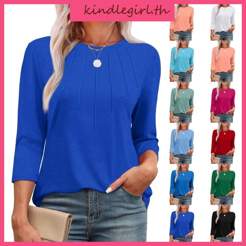 KING Women s 3 4 Sleeve Crew Neck Casual Basic Pleated T-Shirt