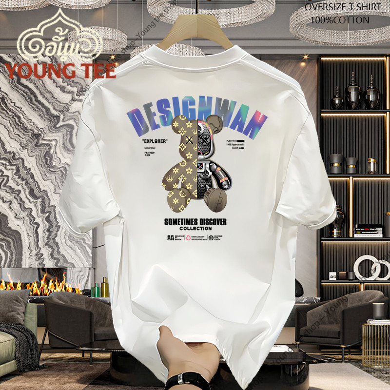 เสื้อยืดลําลอง ผ้าฝ้ายแท้ แขนสั้น คอกลม พิมพ์ลายการ์ตูนกระต่าย หมี สไตล์เกาหลี แฟชั่นฤดูร้อน สําหรับผู้ชาย มีสีดํา สีขา3