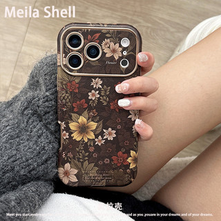 Mera pull shell coklat dasar bunga laut stiker untuk Apple 17promax shell ponsel baru iPhone16 wanita premium perasaan 15promax lensa semua termasuk 14 anti jatuh shell musim gugur musim dingin ledakan perlindungan