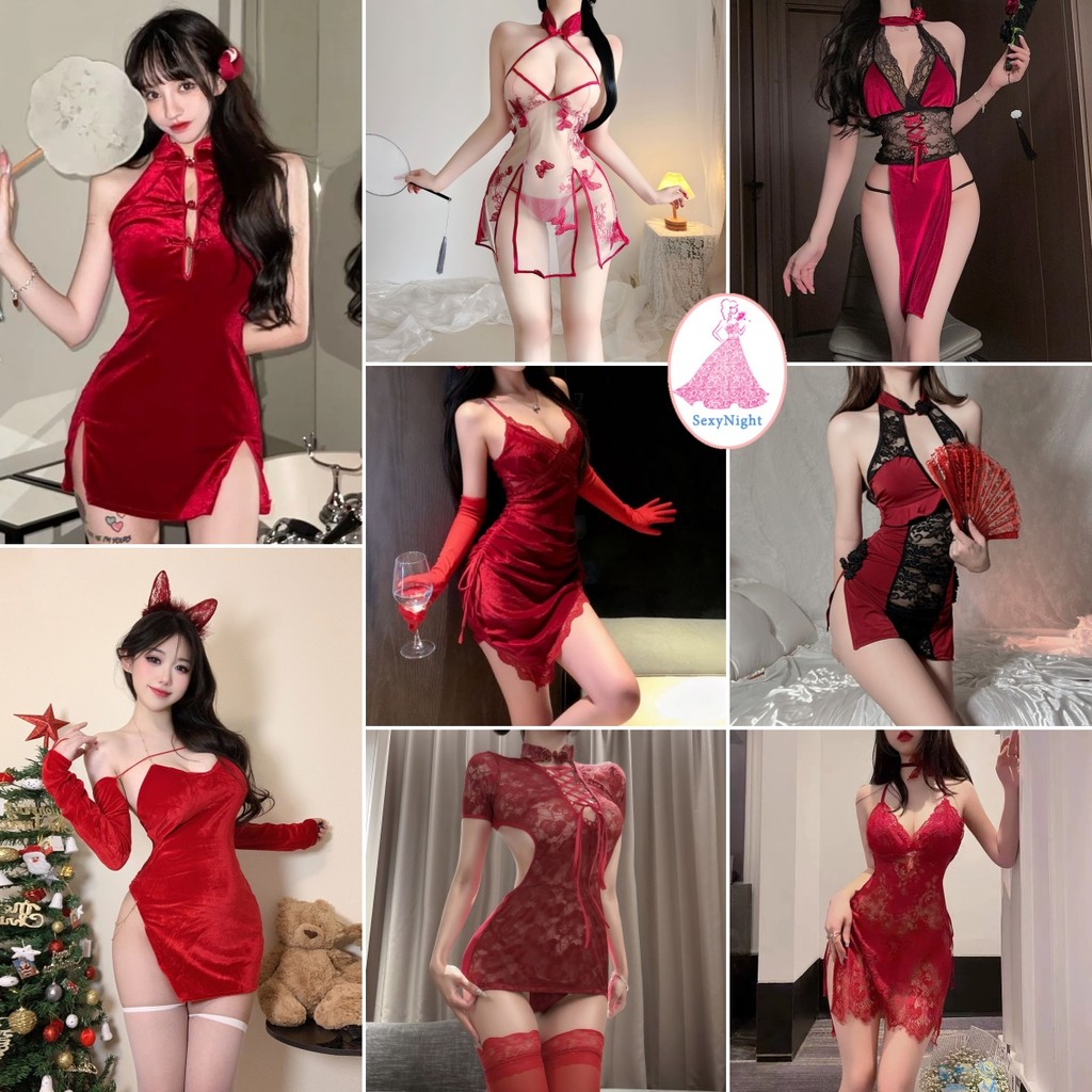 SexyNight🎀🎀สีแดง ชุดเดรสสลิป สไตล์จีนใหม่ กี่เพ้า แฟชั่น ออกแบบ ลูกไม้ตกแต่ง ช่องผ่าด้านข้าง ผ้าใส่สบาย