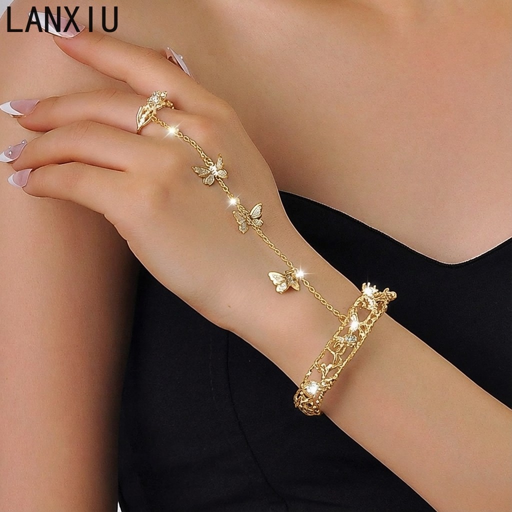 LANXIU สร้อยข้อมือและแหวนผีเสื้อ พร้อมส่งมอบความหรูหราสำหรับงานแต่งงานของเจ้าสาว