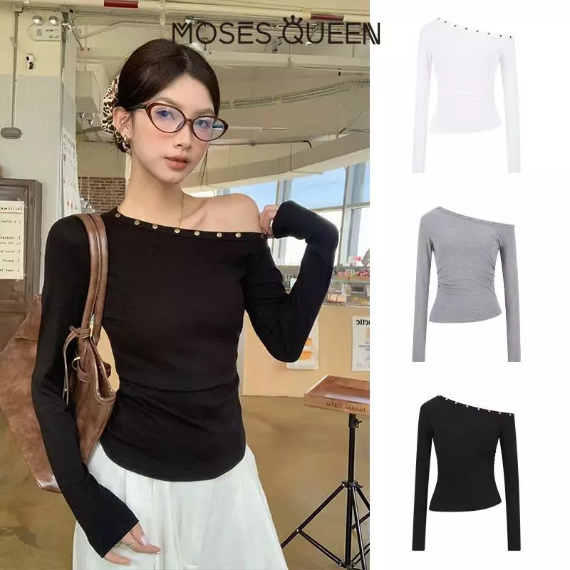 MOSESQUEEN เสื้อคอตกสีขาว แขนยาวรัดรูป สะดุดตาด้วย пря็กโลหะ - เสื้อยืดเซ็กซี่ อเนกประสงค์ ใส่ได้ทั้งชีวิตประจำวัน เดท หรือทำงาน เนื้อผ้าเบาสบาย #32282-32286