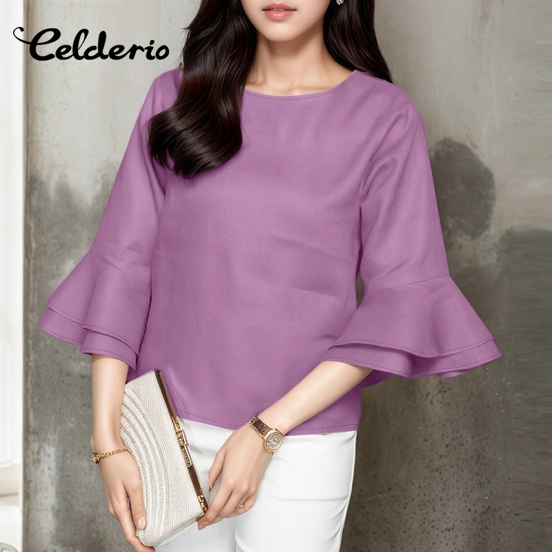 Celderio สไตล์เกาหลีสำหรับผู้หญิง ดีไซน์ O-neck แขนกุดระดับ 3/4 สีทึบ