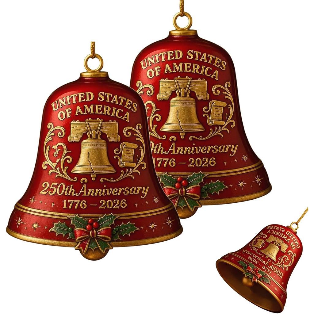 2PCS United States 250th Anniversary Bell Ornament, 3D Red & Gold 250th Anniversary Bell Ornament, E