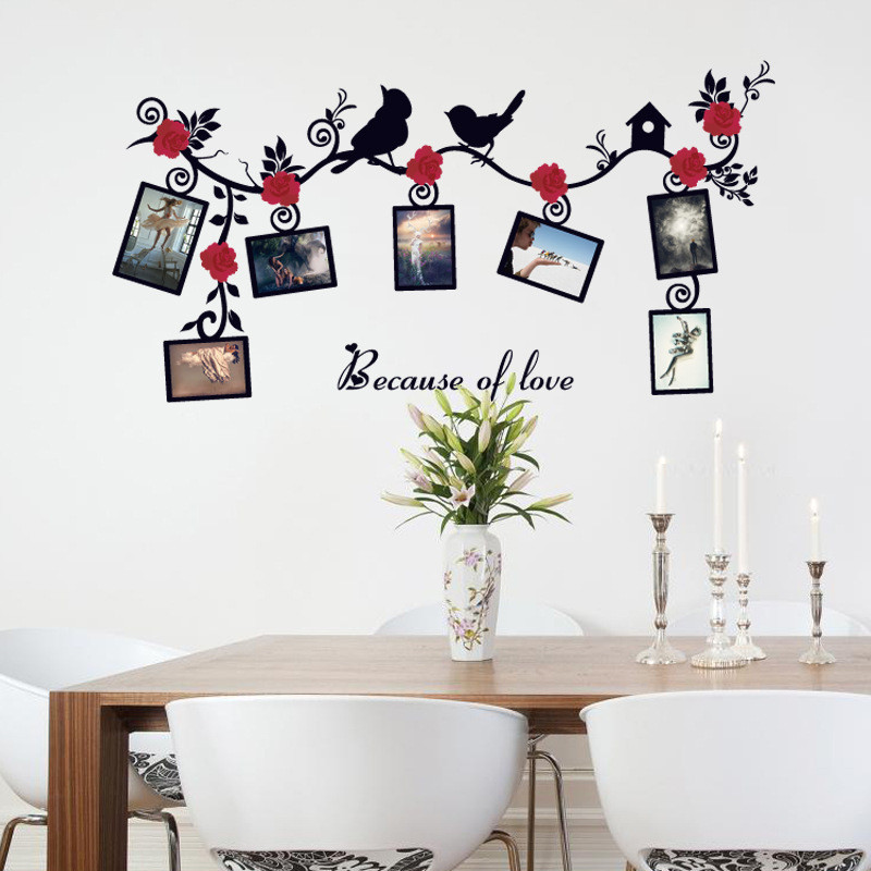 สค6025 สีดํานกดอกไม้สีแดงขนาดใหญ่เถากรอบรูปสติ๊กเกอร์ติดผนังห้องนอนห้องนั่งเล่นพื้นหลังตกแต่งสติ๊กเก