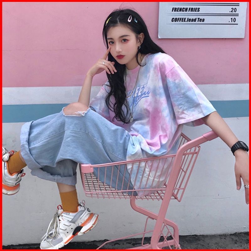 GC1 ฤดูร้อนแฟชั่นเสื้อยืดผู้หญิงแขนสั้นเกาหลี Cec หลวมป่า Tie-Dye Tops Multicolor รอบคอ Oversize Tee