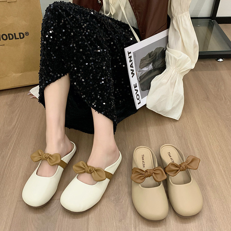 [ต้นฉบับ]icy.sport Women Casual Flat Mules Round Toe Bowknot Strap Slip On Mary Janes X213 (Size: 36-40)