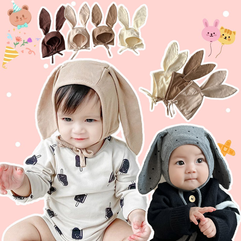 หมวกเด็ก หมวกป้องกันหู หมวกเด็กหูกระต่าย ผ้าฝ้าย ผ้านิ่มใส่สบาย สายรัดปรับระดับได้ 2-12 เดือน