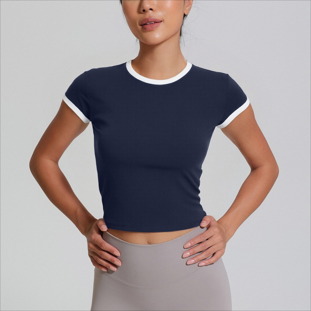 【LASYYOGA】 (ไม่มี Bra) กีฬา Contrast สี Slimming Quick Dry Breathable Skin-friendly เสื้อยืดยิมเทนนิส