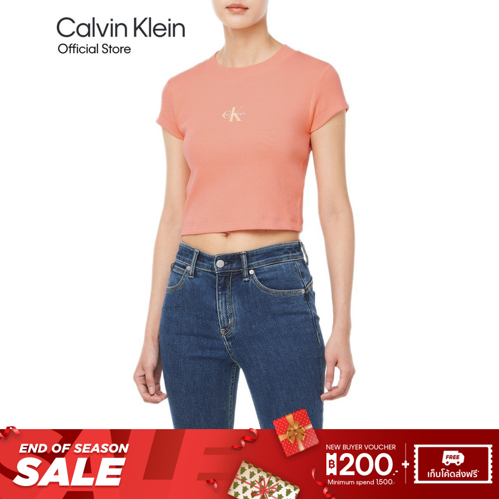 CALVIN KLEIN เสื้อยืดคอกลมแขนสั้นผู้หญิง Monogram Logo ทรง Baby Tee รุ่น 47AB802 VDW - สีชมพู