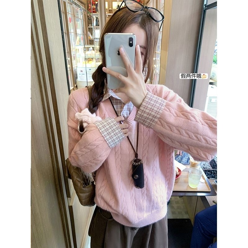 เสื้อสเวตเตอร์สองชิ้นสีชมพู พันท้ายน้อยถัก สไตล์เกาหลี เหมาะสำหรับฤดูใบไม้ร่วงและฤดูหนาว