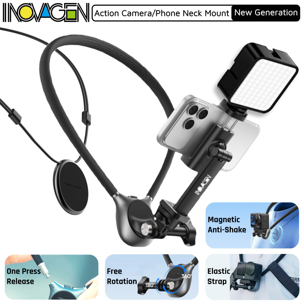 INOVAGEN New Gen Magnetic POV Neck Mount สําหรับ GoPro, DJI, Insta360 & Phone, Anti-Shake & Fill Light Compatible,Elastic Strap, Neck Mount Phone Holder