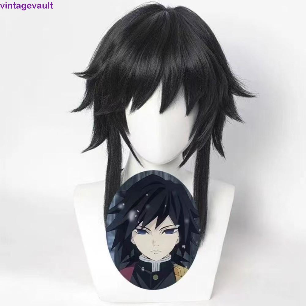 VINTAGEVAULT Tomioka Giyuu Cosplay Wig Set | Heat-resistant Synthetic Wig with Natural Black Horseha