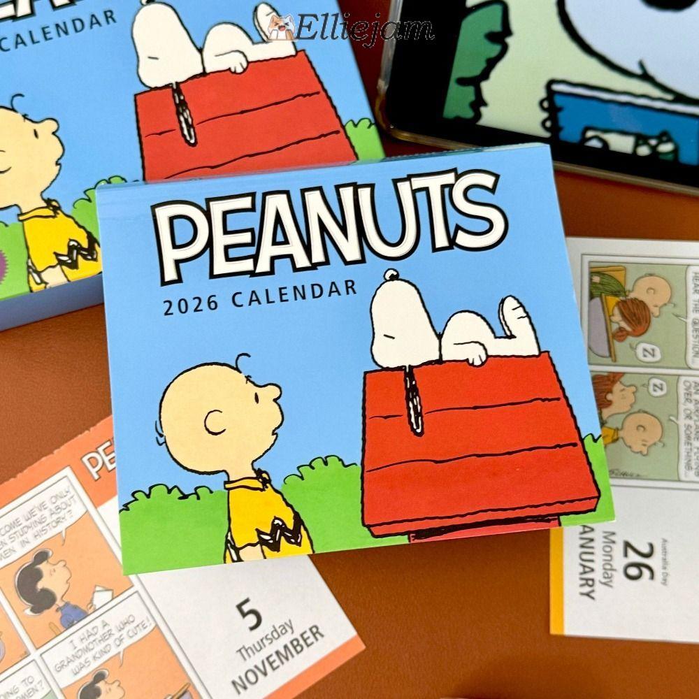 ELLIEJAM 2026 ปฏิทิน Snoopy, ปฏิทินตั้งโต๊ะสไตล์การ์ตูนแบบฉีกได้, ของตกแต่งตั้งโต๊ะการ์ตูนน่ารัก, ห้องทํางานการ์ตูนสุนทรียศาสตร์