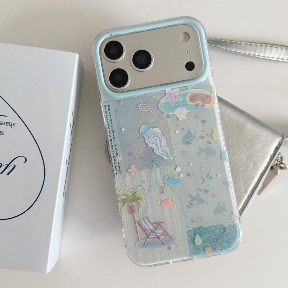 ปลอกปกแข็งเข้ากันได้กับ iPhone 13 14 14Pro 14ProMax 15 15Pro 15ProMax 16 16Pro 16ProMax 17Pro 17ProMax 17Air Blue Ocean Jellyfish Pattern Case