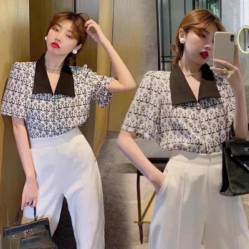 Baby Grape .เสื้อเชิ้ตแขนสั้นพิมพ์ลาย คอวี แขนพอง เนื้อผ้านุ่ม ใส่สบาย ดีไซน์สไตล์เกาหลี 99242