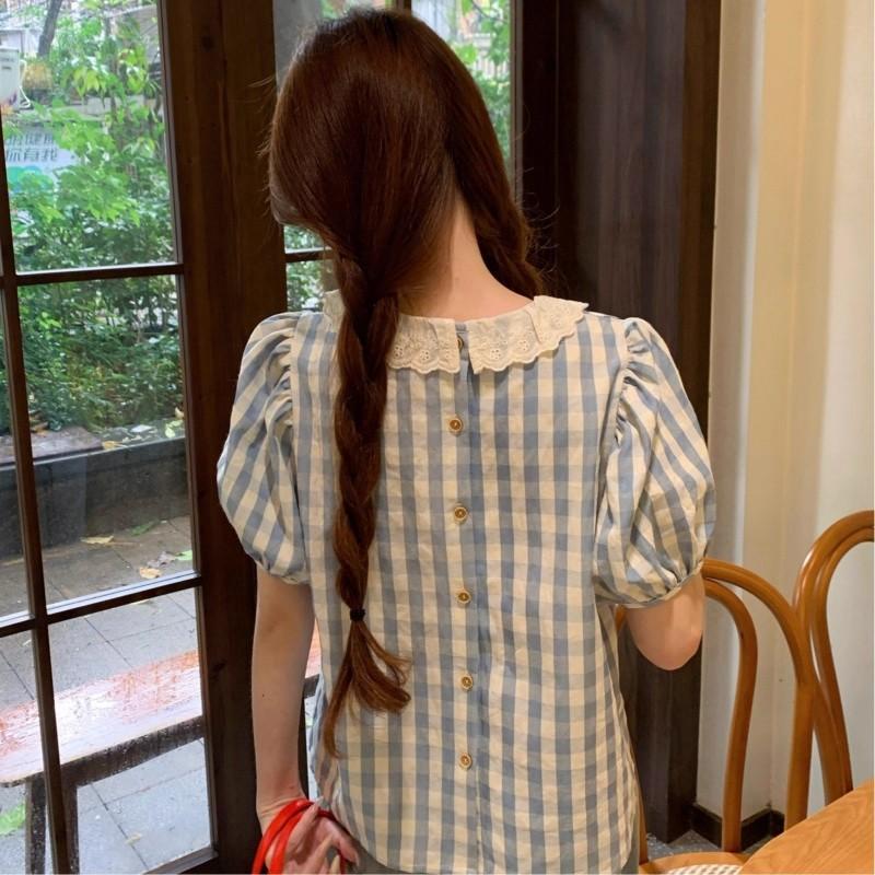 Red Berryเสื้อเบลาส์แขนพองลายสก็อตฤดูใบไม้ร่วงสำหรับผู้หญิ รูปที่ 6