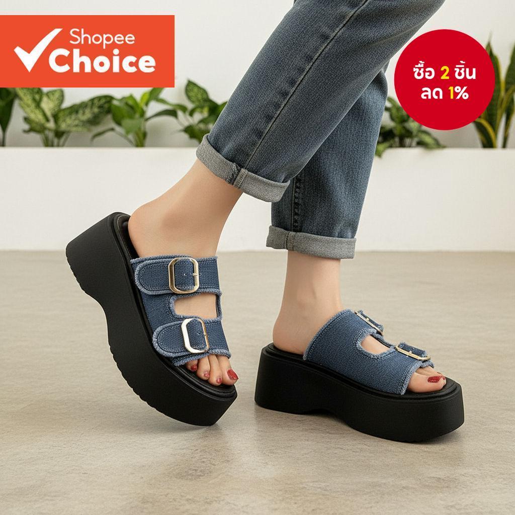 ผู้หญิง Vintage Plain Buckle Colorblock แฟชั่นย้อนยุคหนาเพิ่มความสูง Wedges LFA72243
