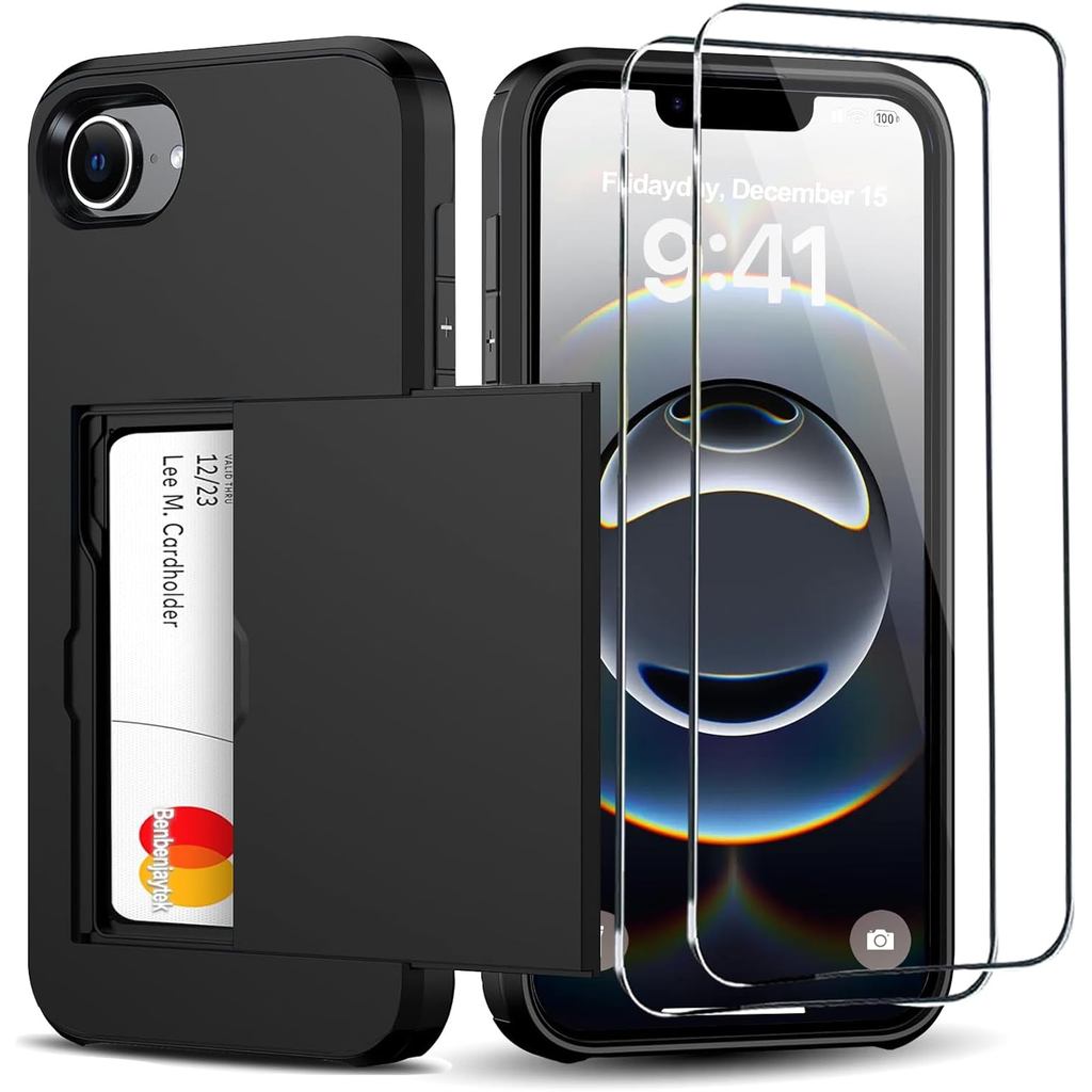 for iPhone 16e Wallet Case with Card Holder + 2 Tempered Glass Screen Protector Protective Shockproo