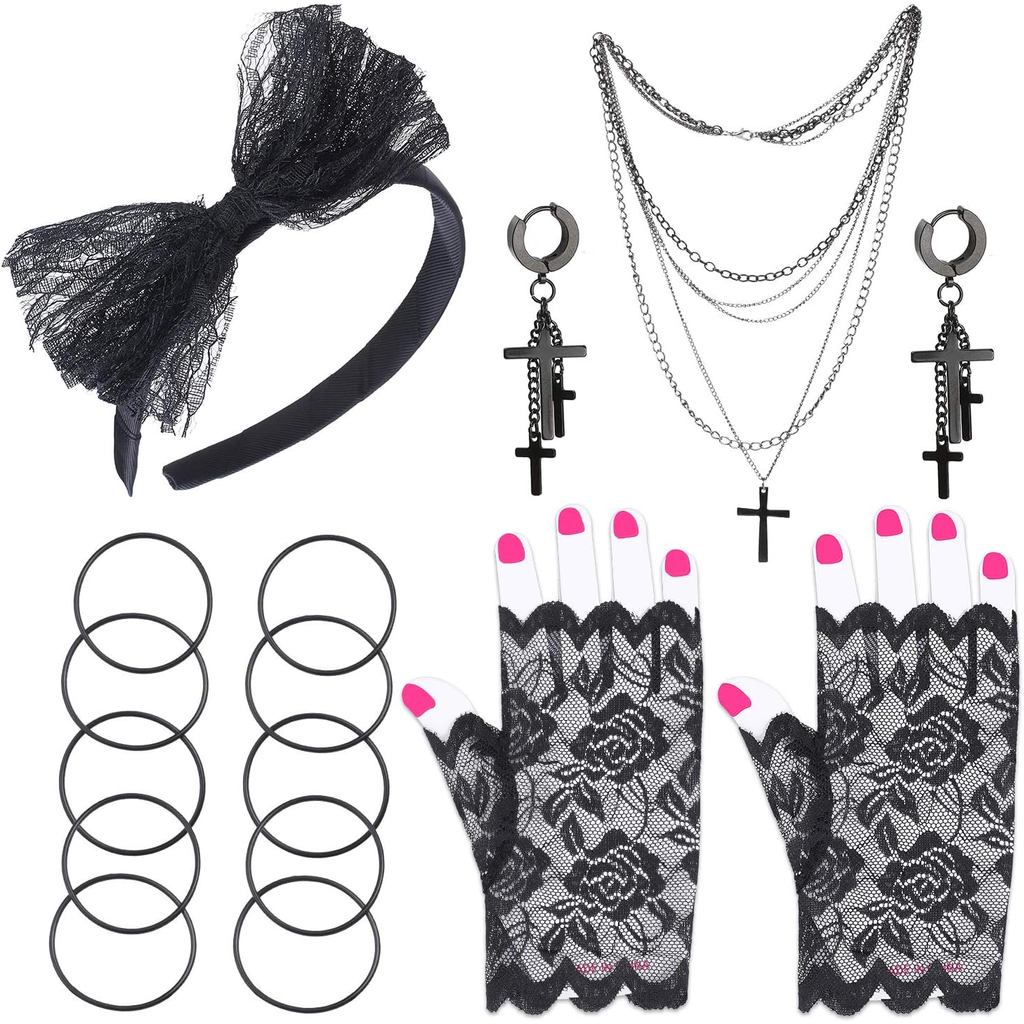 Beelittle 80s Costume Accessories Women Madonna Outfit with 1980s Fishnet Lace Gloves Bow Headband E