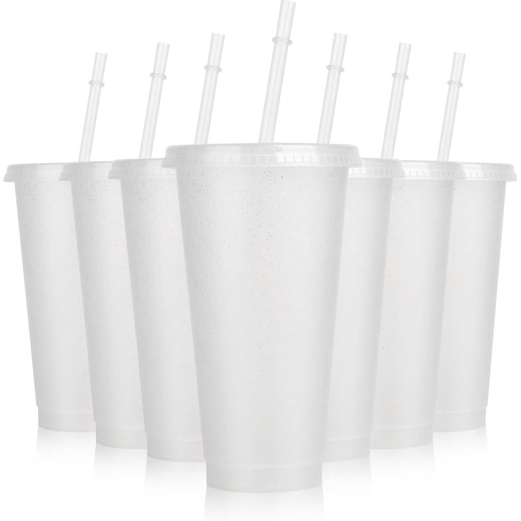 Hooqict 7 Pack Reusable Plastic Cups with Lids and Straws 24oz Tumbler Water Iced Coffee Cups Smooth