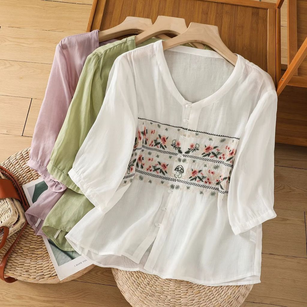 เสื้อเชิ้ตแขนสาม_quarter จากผ้าฝ้ายและลินิน งานปักลายสวยงาม เหมาะสำหรับทุกโอกาส ทรงหลวมสวมใส่ง่ายในสไตล์เรโทรและสมัยใหม่