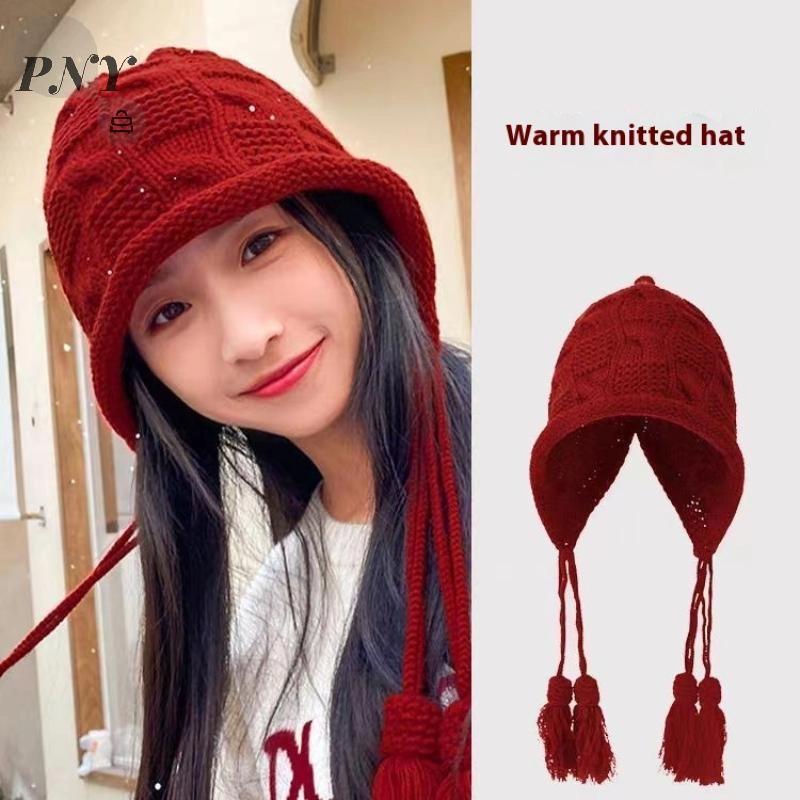 [PNY] sel ถักหมวกทําด้วยผ้าขนสัตว์ผู้หญิงฤดูใบไม้ร่วงฤดูหนาวที่อบอุ่นป้องกันหูหมวกหวานและน่ารักหมวกท