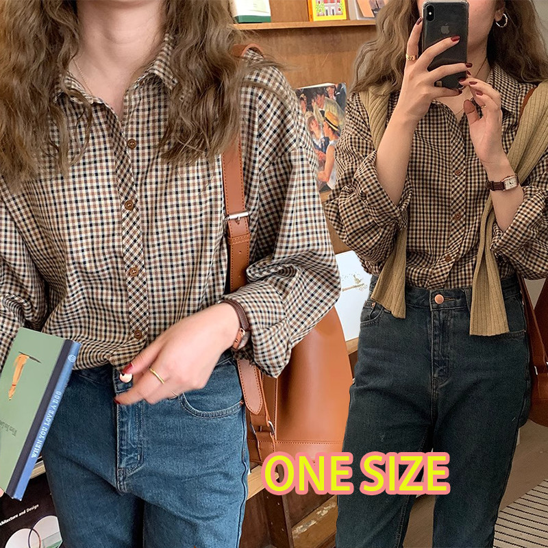 เสื้อเชิ้ตแขนยาวผ้าฝ้ายแท้สำหรับผู้หญิง ปกโปโล ดีไซน์คาร์ดิแกนลายสก็อต เหมาะสำหรับสวมใส่ในฤดูใบไม้ผลิและฤดูใบไม้ร่วงW689