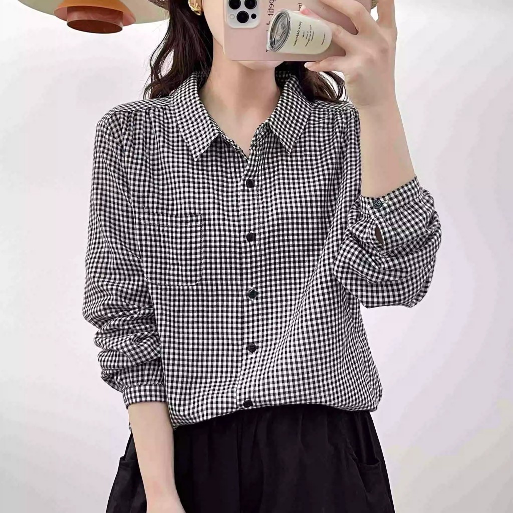 เสื้อเชิ้ตแขนยาวผ้าฝ้ายแท้สำหรับผู้หญิง ปกโปโล ดีไซน์คาร์ดิแกนลายสก็อต เหมาะสำหรับสวมใส่ในฤดูใบไม้ผลิและฤดูใบไม้ร่วงW689 - รูปที่ 5