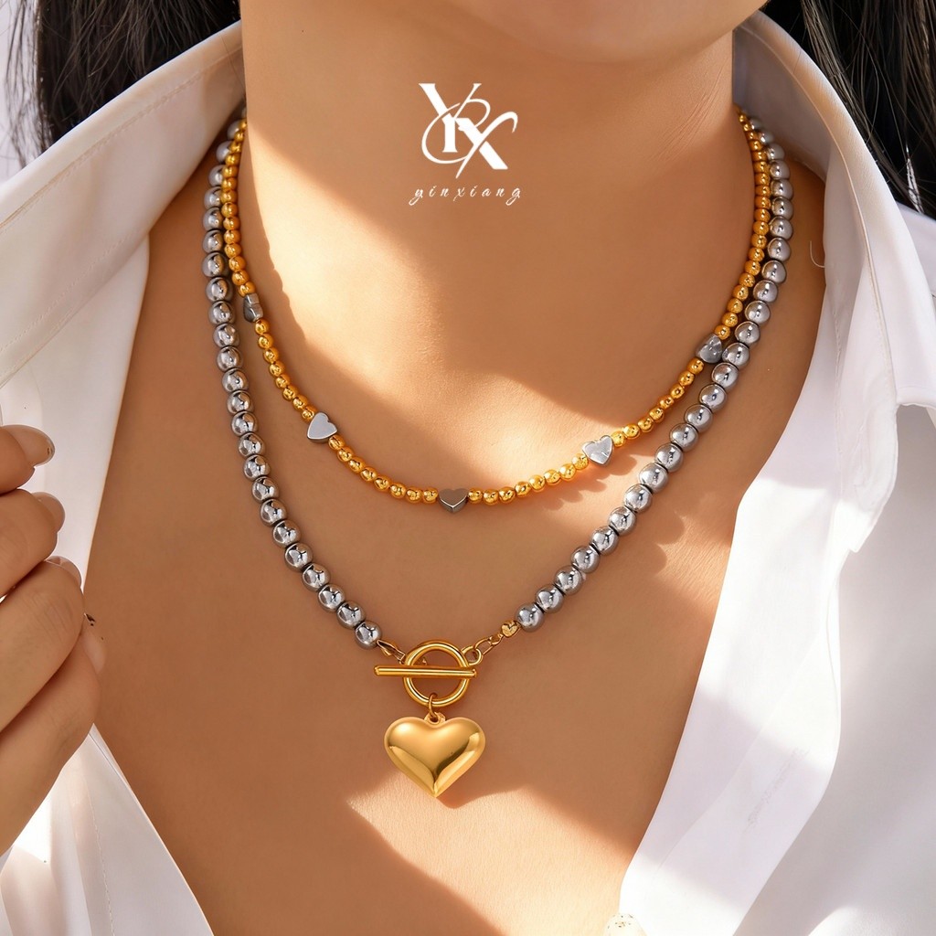 สร้อยคอมีเข็มขัด YX Heart OT แบบ Korean Style Y2K สำหรับผู้หญิง หลาย겹เล็กเรียว เป็นของขวัญที่เหมาะสำ