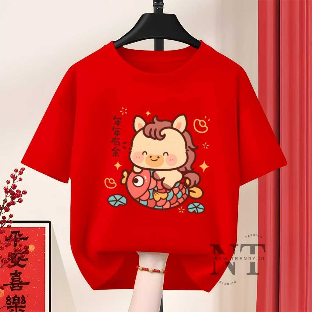 2026 CNY ปีม้าปีใหม่ครอบครัวเสื้อแขนสั้นเสื้อยืด新年เสื้อยืด COD หลวมผู้หญิง Tees ผู้ชายรอบคอ Baju Top