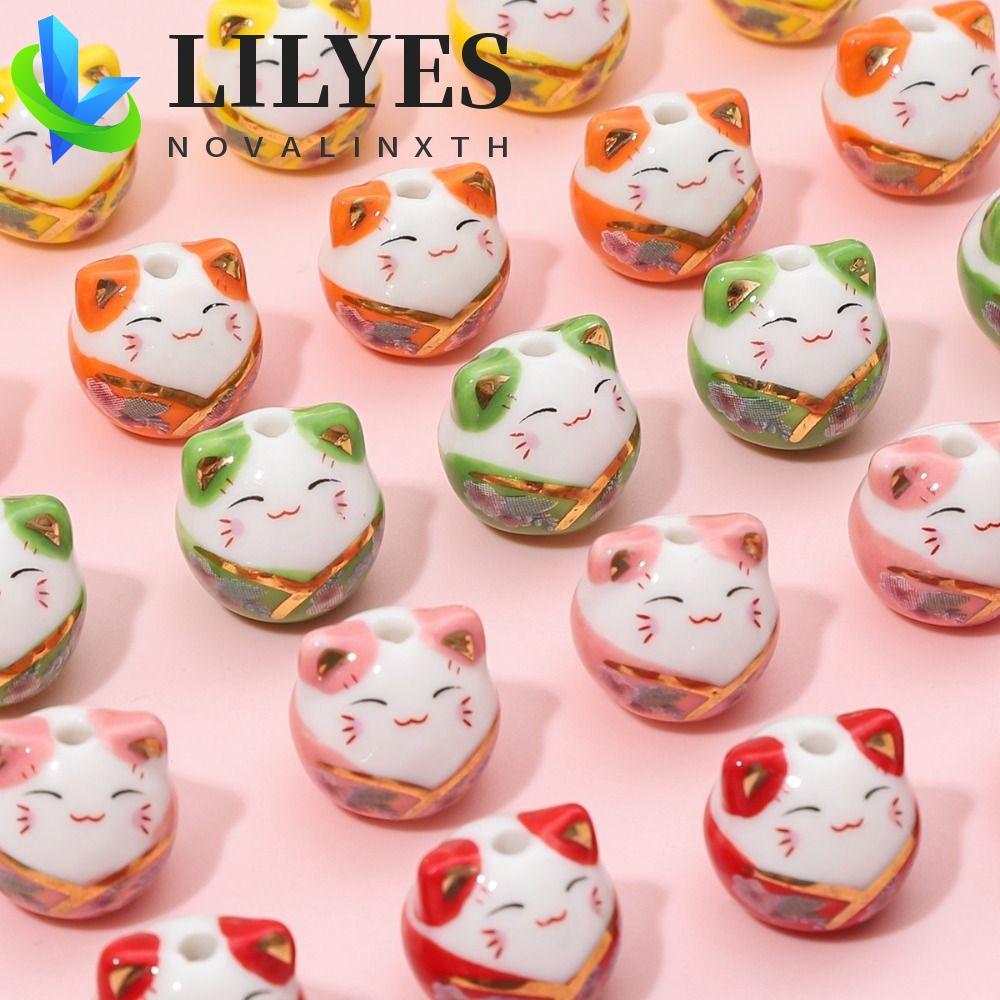 LILYES Plutus Cat Bead, Kitty Cat Maneki-eko Bead, สร้อยคอแฟชั่นเซรามิคญี่ปุ่น DIY เครื่องประดับจี้อ