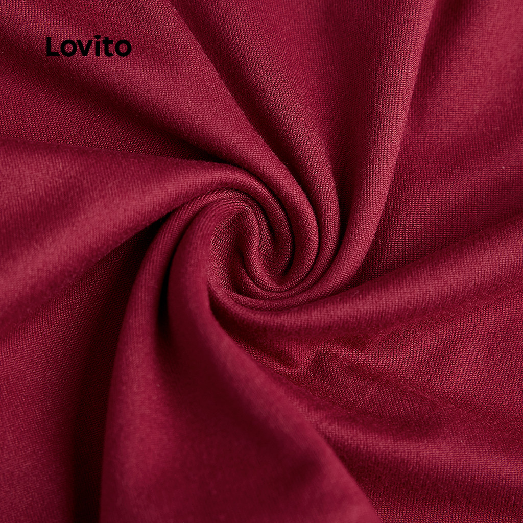 Lovito เสื้อยืดผู้หญิง ลายลูกไม้ สีแดงเข้ม ใส่สบาย สําหรับเทศกาลคริสต์มาส ปีใหม่ ฤดูใบไม้ผลิ ฤดูร้อน L164ED046 - รูปที่ 3