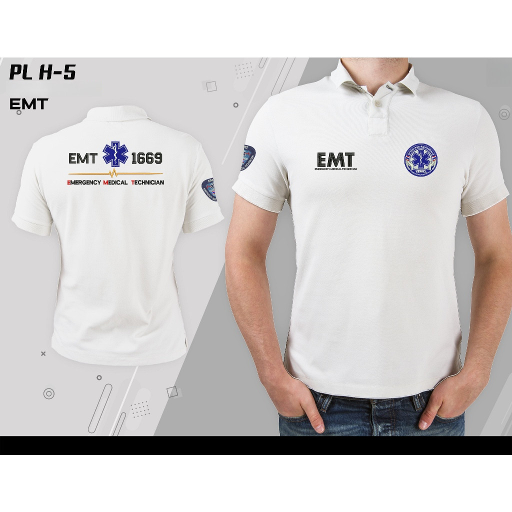 เสื้อโปโลพิมพ์ลาย H-5 EMT แขนสั้น unisex ทำจากผ้าคอตตอน 100%