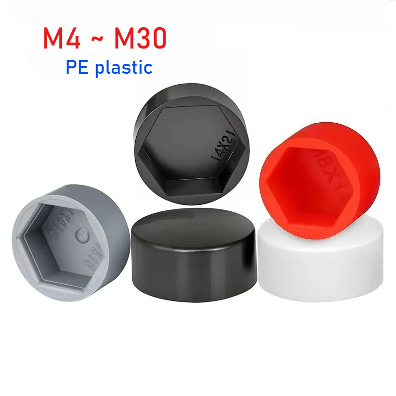ฝาครอบป้องกันพลาสติก PE Nut Cap Cover M4 M5 M6 M8 M10 ~ M30 สกรูหกเหลี่ยมภายนอกหมวกตกแต่งฝาครอบกันฝุ่น