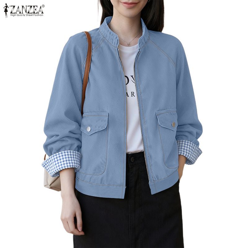 แจ็คเก็ตแขนยาวสำหรับผู้หญิง แบบเกาหลี ผ้ายีนส์ลายสก๊อต มีกระเป๋าและแพทช์