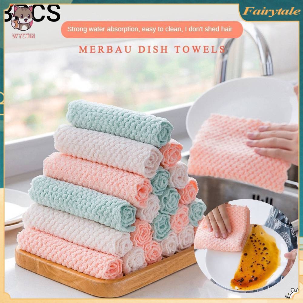❀ Efeed【สินค้าขายดี】ชุดผ้าเช็ดทำความสะอาดไมโครไฟเบอร์กันน้ำมัน 3 ผืน ผ้าเช็ดครัวดูดซับน้ำได้ดี ผ้าเช