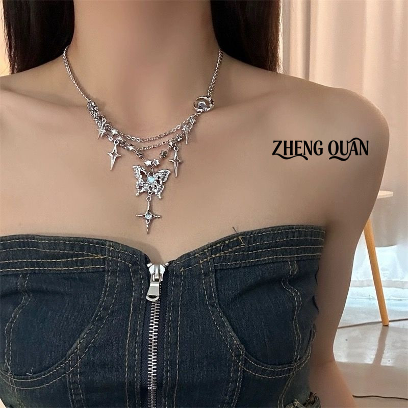 สร้อยคอผีเสื้อคริสตัล Star Moon Fringe เข็มกลัดสีทอง สไตล์โบฮีเมียน Chic เหมาะสำหรับเป็นของขวัญ