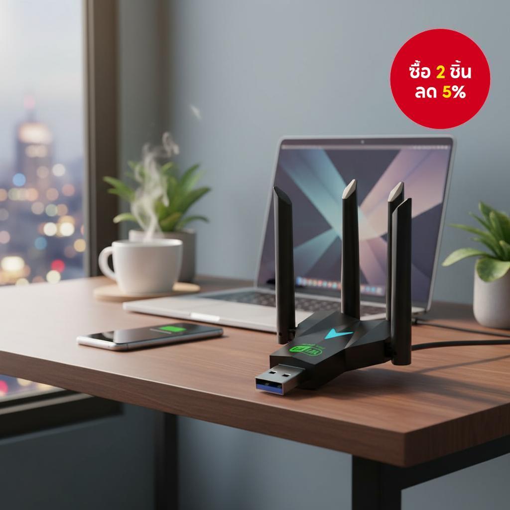 ดองเกิล USB Wifi 4 เสาอากาศ 1300Mbps, การ์ดไร้สาย Dual Band 2.4GHz 5GHz สําหรับ Windows XP, 7, 8, 10