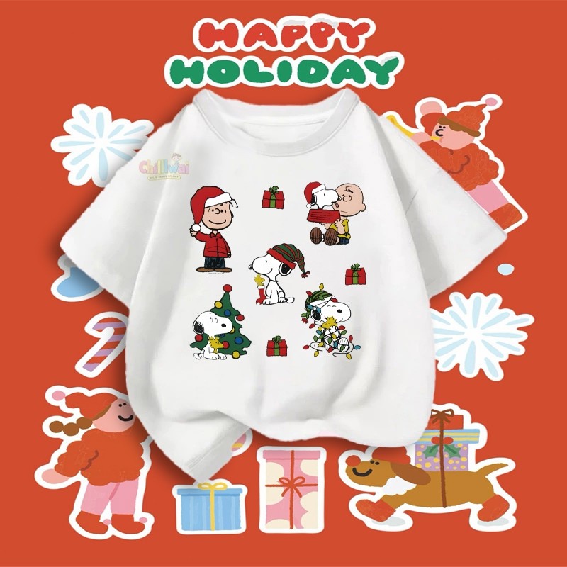เสื้อยืดคริสมาส เสื้อยืดเด็ก พิมพ์ลายคริสมาส Snoopy คอกลม ใส่ได้ทั้งเด็กชายและเด็กหญิง 100%THAISHOPไ