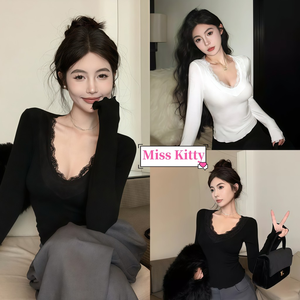Miss Kitty เสื้อแขนยาว คอวี เสริมฟองน้ำ ดีเทลแต่งลูก เข้ารูป ผ้าใส่สบาย