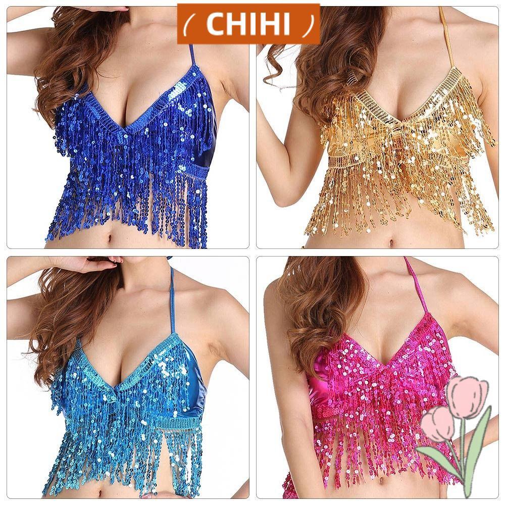 CHIHI Belly Dance Bra Stage Dance Wear เลื่อมพู่ Halter Bra