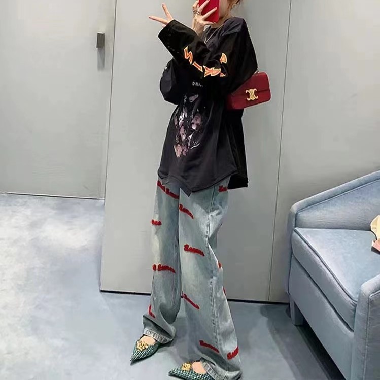 กางเกงยีนส์ขายาว jinn jeans กางเกงยีนส์ปักลายตัวอักษรผู้หญิงฤดูใบไม้ร่วงใหม่สไตล์อเมริกันย้อนยุคแฟชั